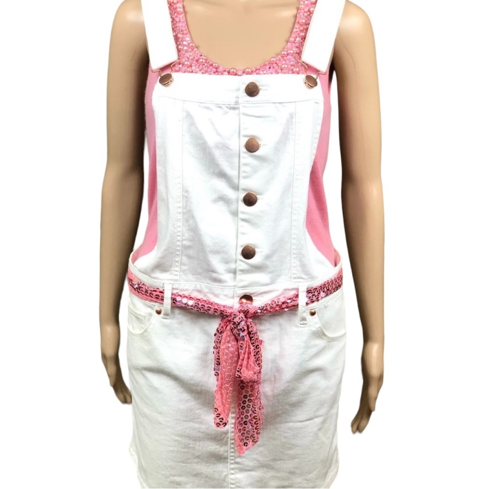 White denim skirt overall with pink sequin scarf belt Sz m